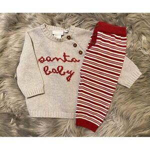 Elegant Baby Santa Baby Sweater Pants Set Red White Striped Knit 12M